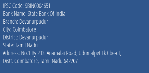 State Bank Of India Devanurpudur Branch, Branch Code 004651 & IFSC Code Sbin0004651