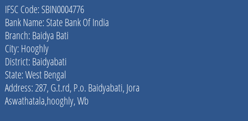 State Bank Of India Baidya Bati Branch Baidyabati IFSC Code SBIN0004776