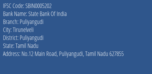 State Bank Of India Puliyangudi Branch, Branch Code 005202 & IFSC Code Sbin0005202