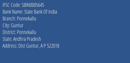 State Bank Of India Ponnekallu Branch Ponnekallu IFSC Code SBIN0005645