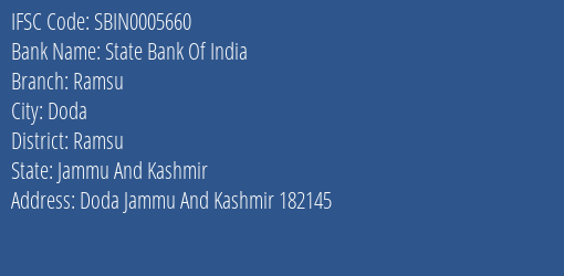 State Bank Of India Ramsu Branch Ramsu IFSC Code SBIN0005660