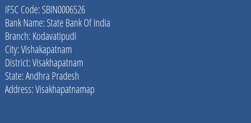 State Bank Of India Kodavatipudi Branch Visakhapatnam IFSC Code SBIN0006526