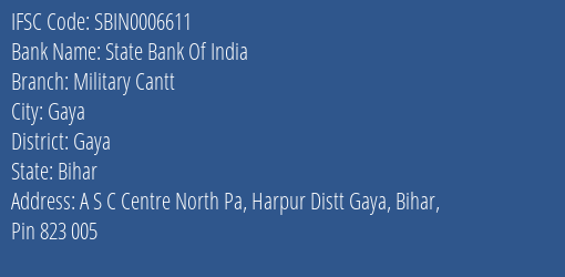 State Bank Of India Military Cantt Branch, Branch Code 006611 & IFSC Code Sbin0006611