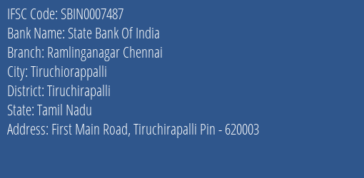 State Bank Of India Ramlinganagar Chennai Branch, Branch Code 007487 & IFSC Code Sbin0007487