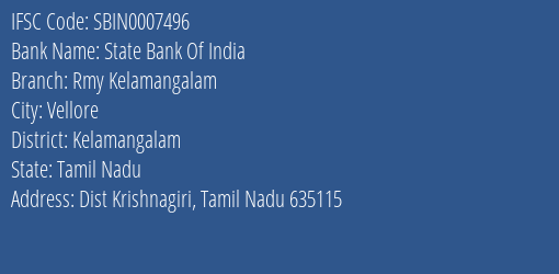State Bank Of India Rmy Kelamangalam Branch, Branch Code 007496 & IFSC Code Sbin0007496