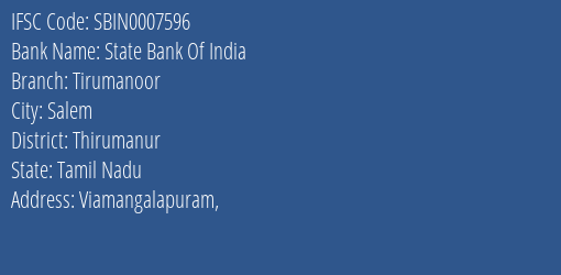 State Bank Of India Tirumanoor Branch, Branch Code 007596 & IFSC Code Sbin0007596