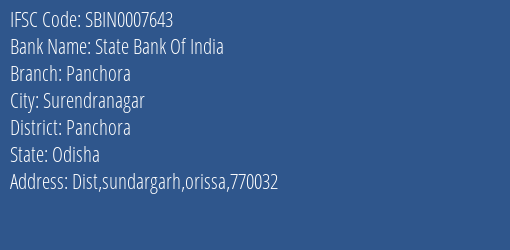 State Bank Of India Panchora Branch Panchora IFSC Code SBIN0007643