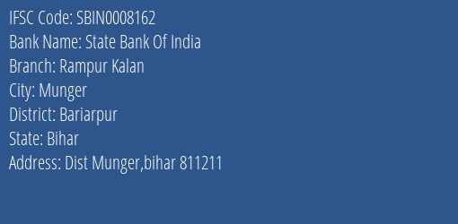 State Bank Of India Rampur Kalan Branch, Branch Code 008162 & IFSC Code Sbin0008162