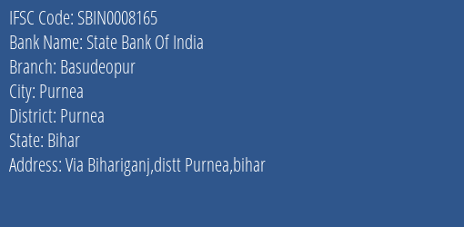 State Bank Of India Basudeopur Branch, Branch Code 008165 & IFSC Code Sbin0008165