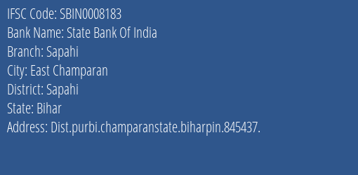 State Bank Of India Sapahi Branch, Branch Code 008183 & IFSC Code Sbin0008183