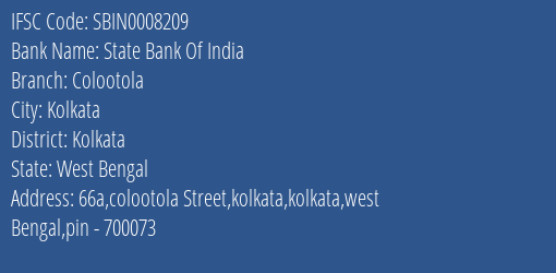 State Bank Of India Colootola Branch Kolkata IFSC Code SBIN0008209