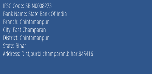 State Bank Of India Chintamanpur Branch, Branch Code 008273 & IFSC Code Sbin0008273
