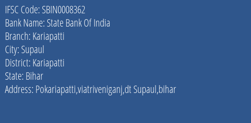 State Bank Of India Kariapatti Branch, Branch Code 008362 & IFSC Code Sbin0008362