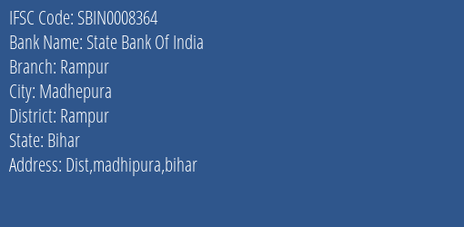 State Bank Of India Rampur Branch, Branch Code 008364 & IFSC Code Sbin0008364