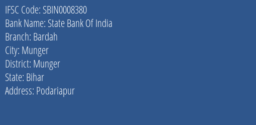 State Bank Of India Bardah Branch, Branch Code 008380 & IFSC Code Sbin0008380