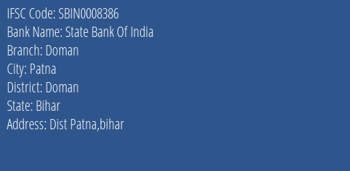 State Bank Of India Doman Branch, Branch Code 008386 & IFSC Code Sbin0008386