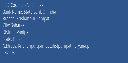 State Bank Of India Krishanpur Panipat Branch, Branch Code 008572 & IFSC Code Sbin0008572