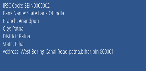 State Bank Of India Anandpuri Branch, Branch Code 009002 & IFSC Code Sbin0009002