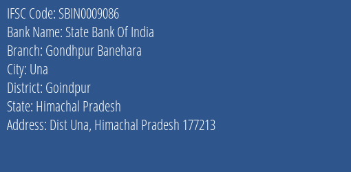 State Bank Of India Gondhpur Banehara Branch Goindpur IFSC Code SBIN0009086