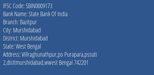 State Bank Of India Bazitpur Branch Murshidabad IFSC Code SBIN0009173