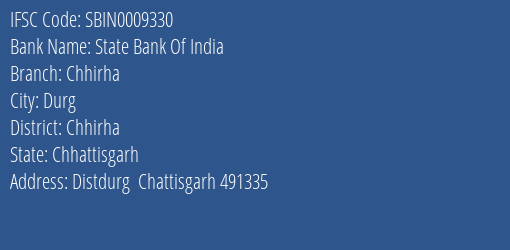 State Bank Of India Chhirha Branch, Branch Code 009330 & IFSC Code Sbin0009330