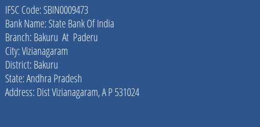 State Bank Of India Bakuru At Paderu Branch Bakuru IFSC Code SBIN0009473