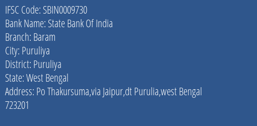 State Bank Of India Baram Branch Puruliya IFSC Code SBIN0009730