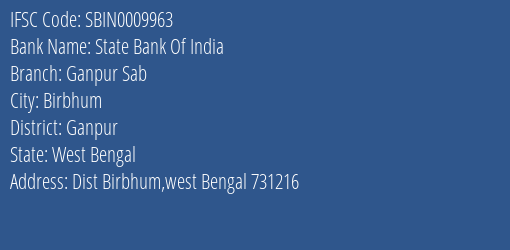 State Bank Of India Ganpur Sab Branch Ganpur IFSC Code SBIN0009963