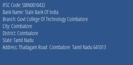 State Bank Of India Govt College Of Technology Coimbatore Branch, Branch Code 010432 & IFSC Code Sbin0010432