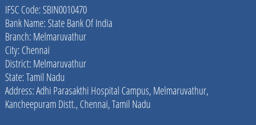 State Bank Of India Melmaruvathur Branch, Branch Code 010470 & IFSC Code Sbin0010470