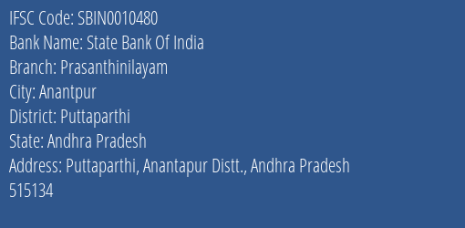 State Bank Of India Prasanthinilayam Branch Puttaparthi IFSC Code SBIN0010480