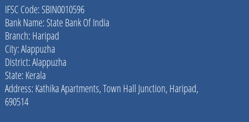 State Bank Of India Haripad Branch Alappuzha IFSC Code SBIN0010596