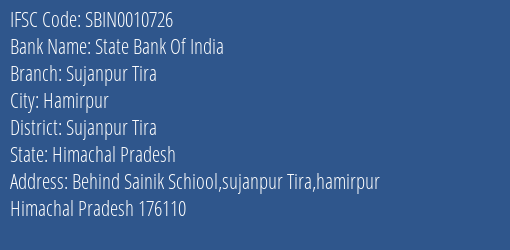 State Bank Of India Sujanpur Tira Branch Sujanpur Tira IFSC Code SBIN0010726