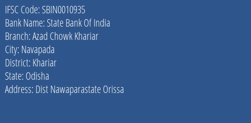 State Bank Of India Azad Chowk Khariar Branch, Branch Code 010935 & IFSC Code Sbin0010935