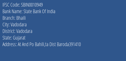 State Bank Of India Bhaili Branch Vadodara IFSC Code SBIN0010949