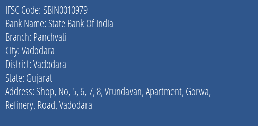 State Bank Of India Panchvati Branch Vadodara IFSC Code SBIN0010979