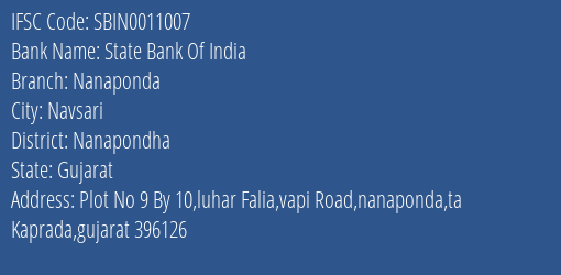 State Bank Of India Nanaponda Branch Nanapondha IFSC Code SBIN0011007