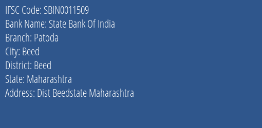State Bank Of India Patoda Branch Beed IFSC Code SBIN0011509