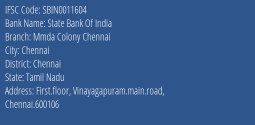 State Bank Of India Mmda Colony Chennai Branch, Branch Code 011604 & IFSC Code Sbin0011604