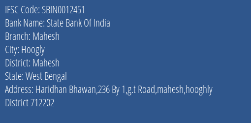 State Bank Of India Mahesh Branch Mahesh IFSC Code SBIN0012451