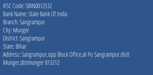 State Bank Of India Sangrampur Branch, Branch Code 012532 & IFSC Code Sbin0012532