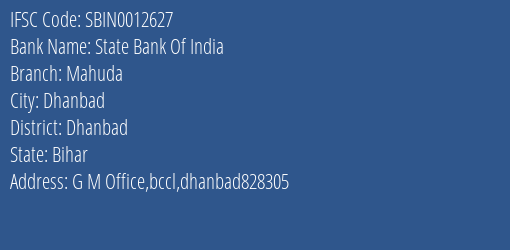 State Bank Of India Mahuda Branch, Branch Code 012627 & IFSC Code Sbin0012627