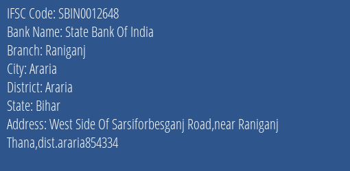 State Bank Of India Raniganj Branch, Branch Code 012648 & IFSC Code Sbin0012648