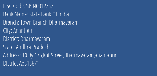 State Bank Of India Town Branch Dharmavaram Branch, Branch Code 012737 & IFSC Code SBIN0012737