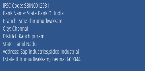 State Bank Of India Sme Thirumudivakkam Branch, Branch Code 012931 & IFSC Code Sbin0012931