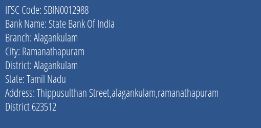 State Bank Of India Alagankulam Branch, Branch Code 012988 & IFSC Code Sbin0012988