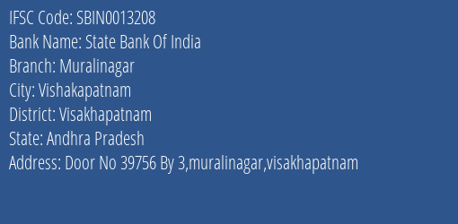 State Bank Of India Muralinagar Branch Visakhapatnam IFSC Code SBIN0013208