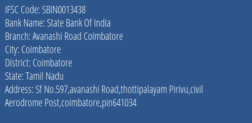 State Bank Of India Avanashi Road Coimbatore Branch, Branch Code 013438 & IFSC Code Sbin0013438