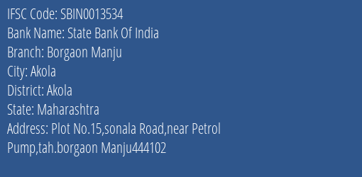 State Bank Of India Borgaon Manju Branch Akola IFSC Code SBIN0013534