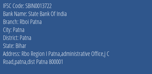 State Bank Of India Rboi Patna Branch, Branch Code 013722 & IFSC Code Sbin0013722